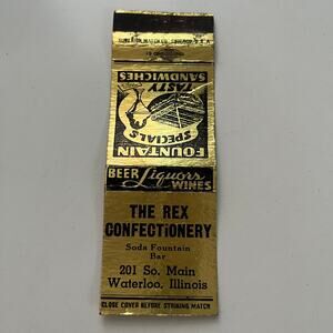 The Rex Confectionery 201 So Main Waterloo IL Vintage Matchbook Cover SMB21-3